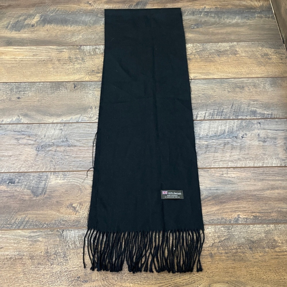 100% Cashmere Scarf Made in Scotland Black Solid Fringe Unisex Luxury Wrap Fall